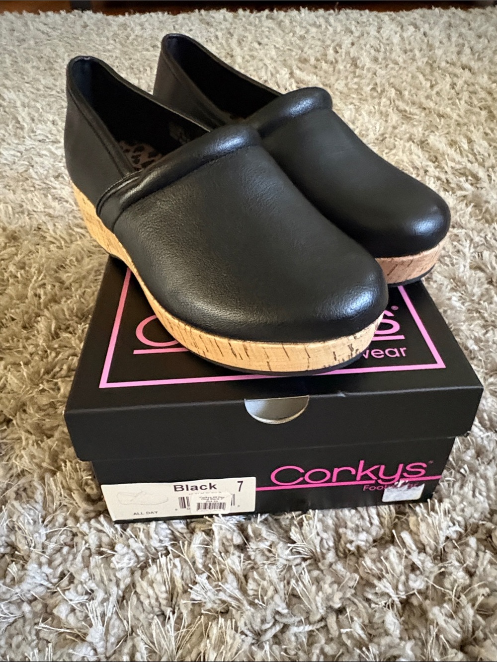 Corkys Black Leather Slip-On Platform Clogs with Cork-Style Sole